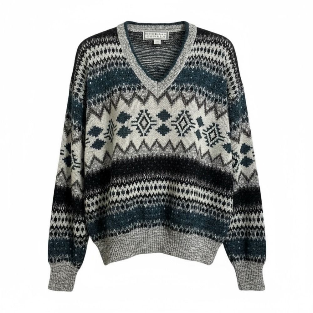 Vintage Michael‎ Gerald V-Neck Sweater - 90s Aztec Fair Isle Pattern - Medium